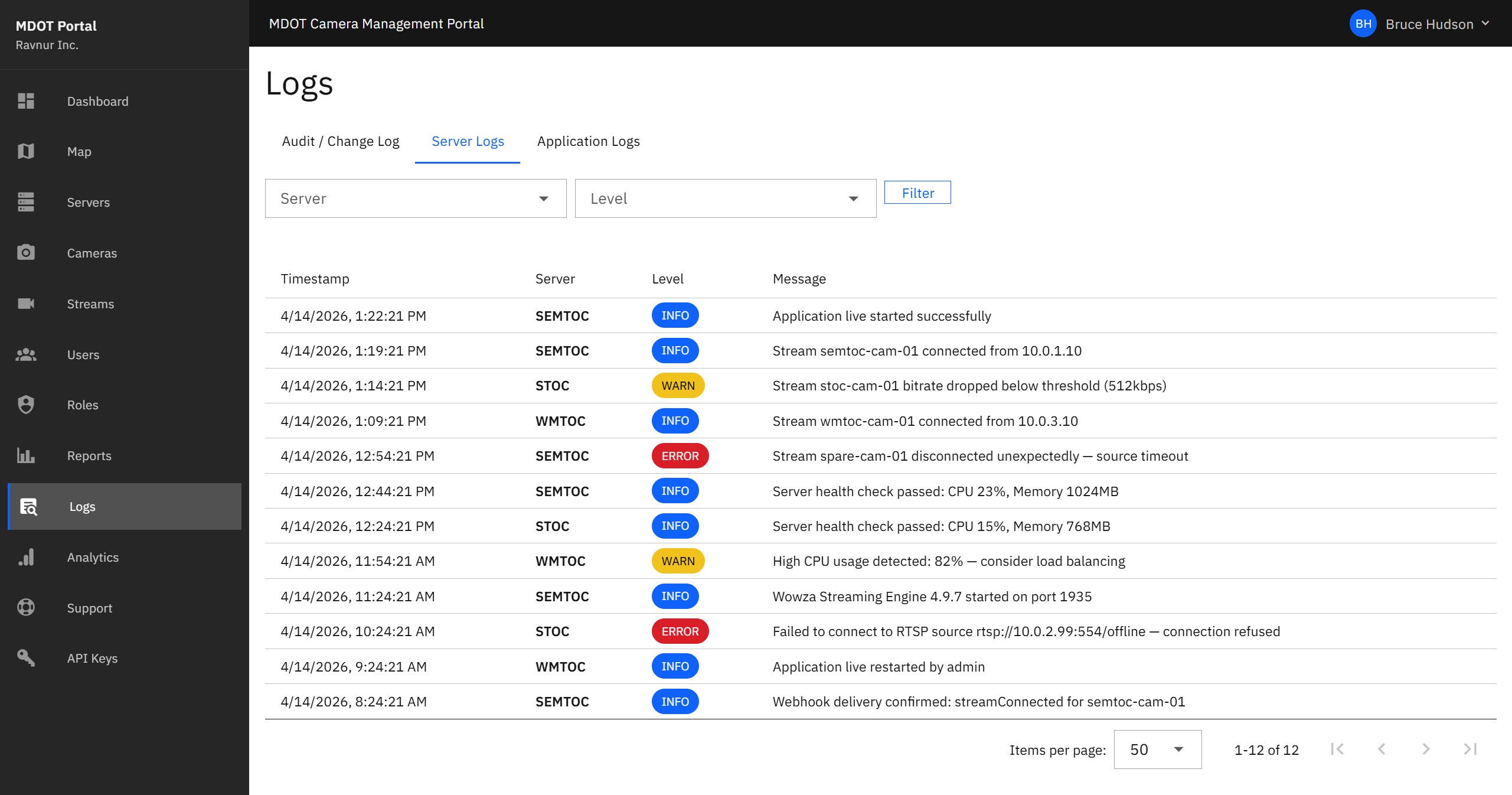Server Logs showing a table of streaming server messages with columns for timestamp, server name, event type, and message details.